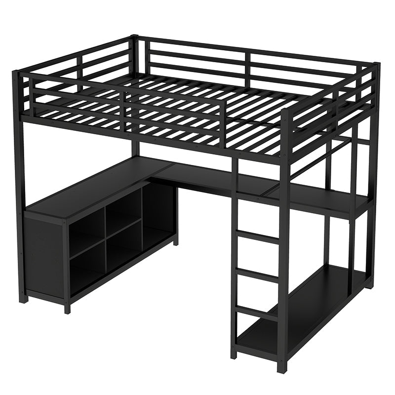 Bellemave® Metal Loft Bed with Wardrobe and L - shaped Desk, Storage Cubes and Shelves - Bellemave