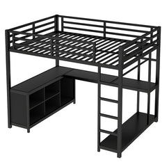 Bellemave® Metal Loft Bed with Wardrobe and L - shaped Desk, Storage Cubes and Shelves - Bellemave