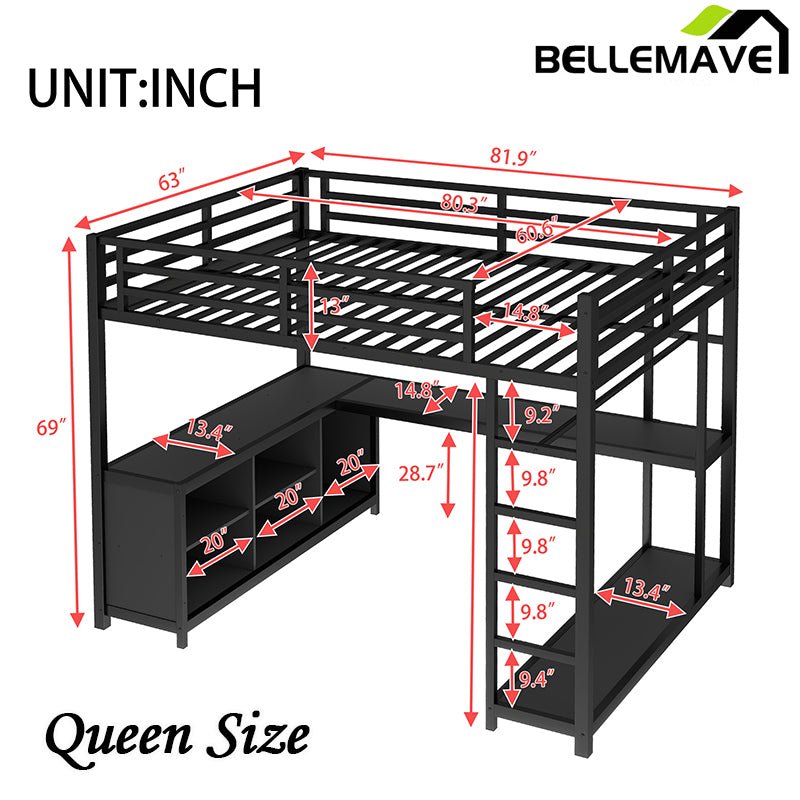Bellemave® Metal Loft Bed with Wardrobe and L - shaped Desk, Storage Cubes and Shelves - Bellemave