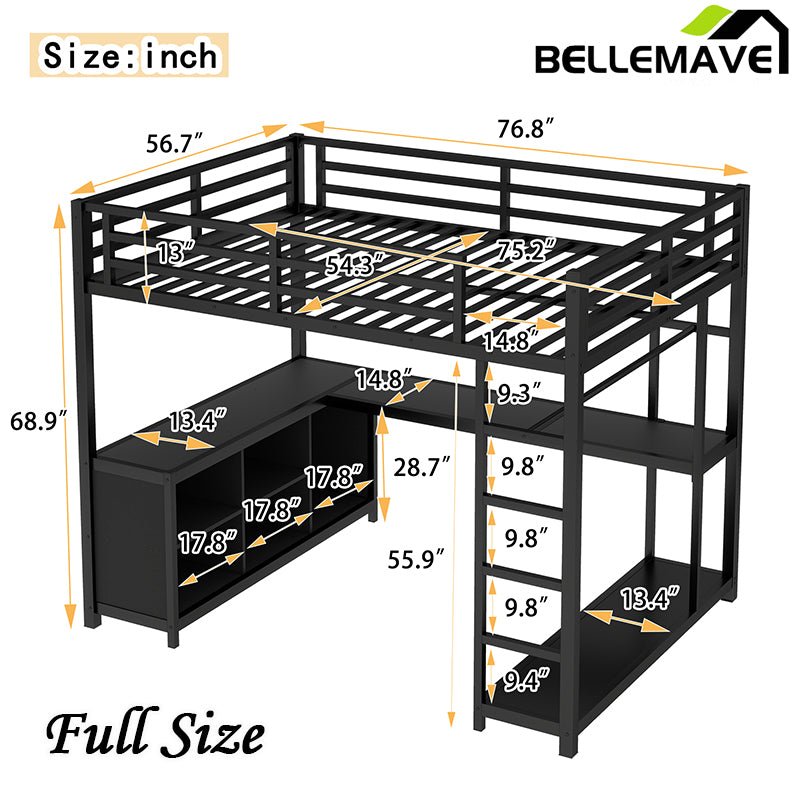 Bellemave® Metal Loft Bed with Wardrobe and L - shaped Desk, Storage Cubes and Shelves - Bellemave