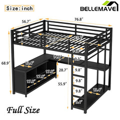 Bellemave® Metal Loft Bed with Wardrobe and L - shaped Desk, Storage Cubes and Shelves - Bellemave
