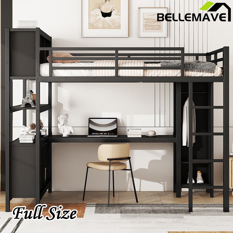 Bellemave® Metal Loft Bed with Wardrobe And L - shaped Desk, Storage Cubes and Shelves - Bellemave