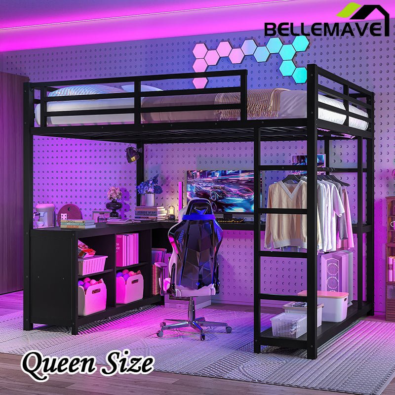 Bellemave® Metal Loft Bed with Wardrobe and L - shaped Desk, Storage Cubes and Shelves - Bellemave