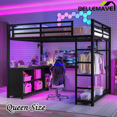 Bellemave® Metal Loft Bed with Wardrobe and L - shaped Desk, Storage Cubes and Shelves - Bellemave