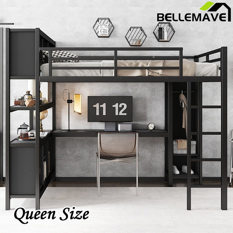 Bellemave® Metal Loft Bed with Wardrobe And L - shaped Desk, Storage Cubes and Shelves - Bellemave