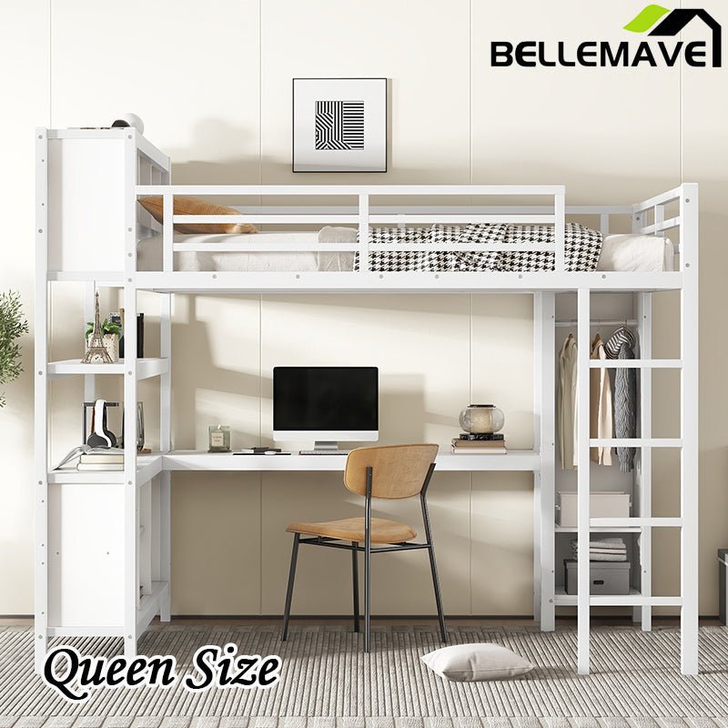 Bellemave® Metal Loft Bed with Wardrobe And L - shaped Desk, Storage Cubes and Shelves - Bellemave