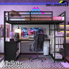 Bellemave® Metal Loft Bed with Wardrobe and L - shaped Desk, Storage Cubes and Shelves - Bellemave
