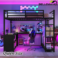 Bellemave® Metal Loft Bed with Wardrobe and L - shaped Desk, Storage Cubes and Shelves - Bellemave