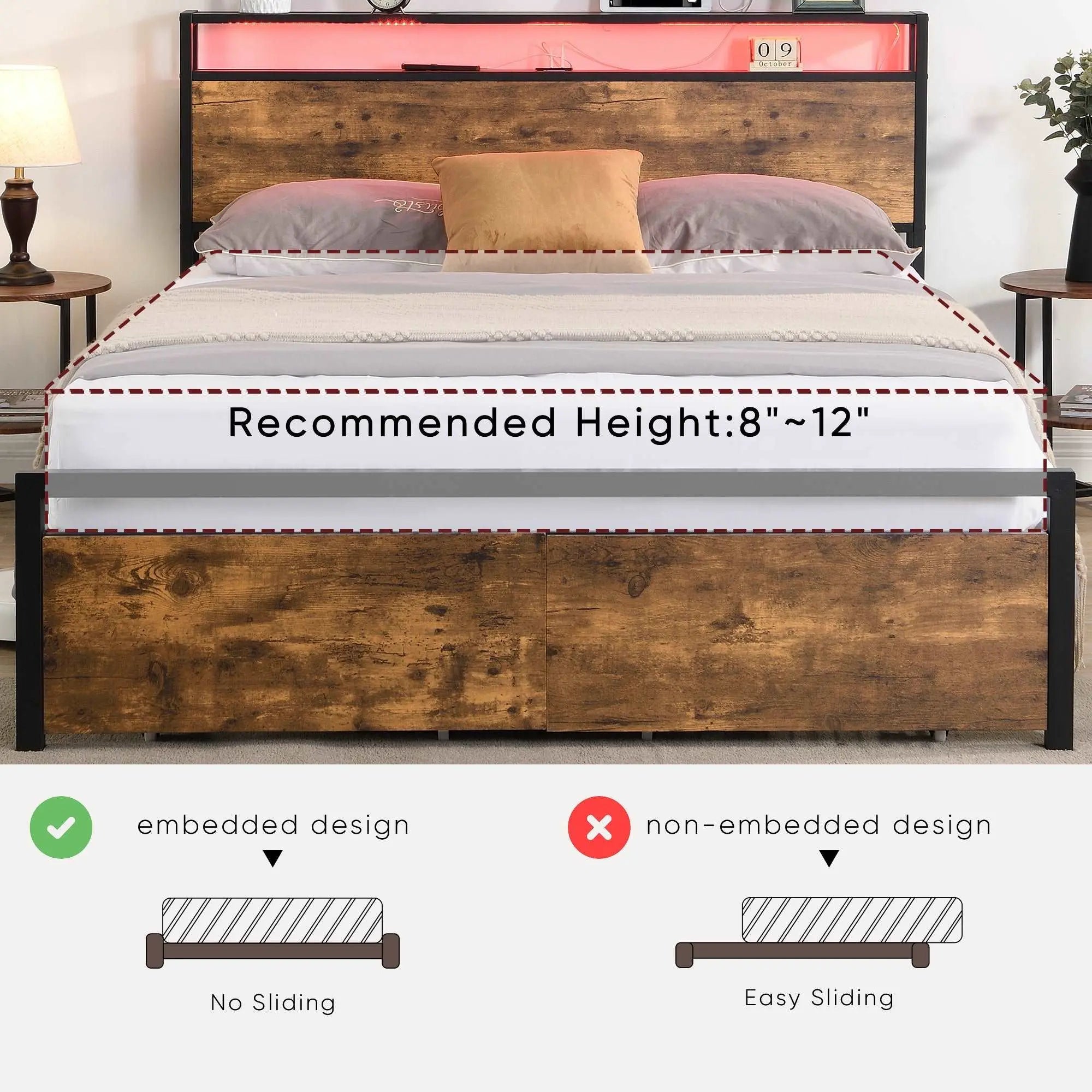 Bellemave® Metal Platform Bed with Storage Headboard and 2 Drawers, LED Lights with Charging Station - Bellemave