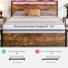 Bellemave® Metal Platform Bed with Storage Headboard and 2 Drawers, LED Lights with Charging Station - Bellemave