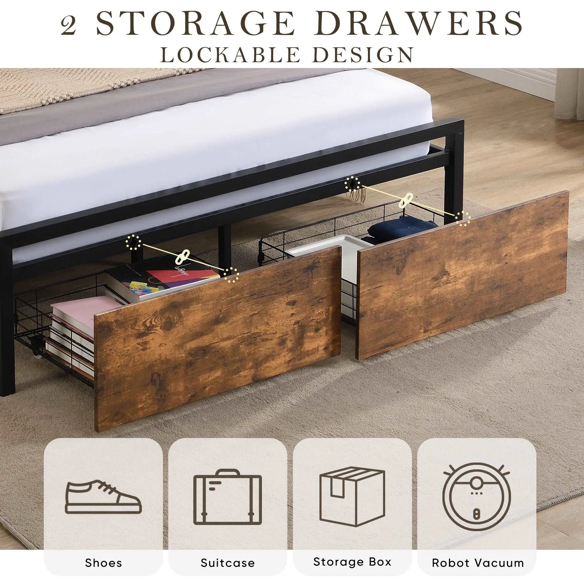 Bellemave® Metal Platform Bed with Storage Headboard and 2 Drawers, LED Lights with Charging Station - Bellemave