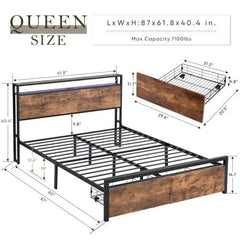 Bellemave® Metal Platform Bed with Storage Headboard and 2 Drawers, LED Lights with Charging Station - Bellemave
