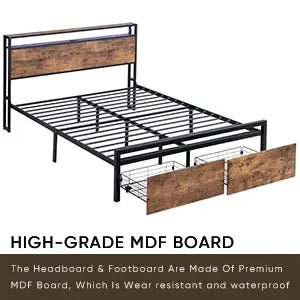 Bellemave® Metal Platform Bed with Storage Headboard and 2 Drawers, LED Lights with Charging Station - Bellemave
