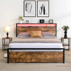 Bellemave® Metal Platform Bed with Storage Headboard and 2 Drawers, LED Lights with Charging Station - Bellemave