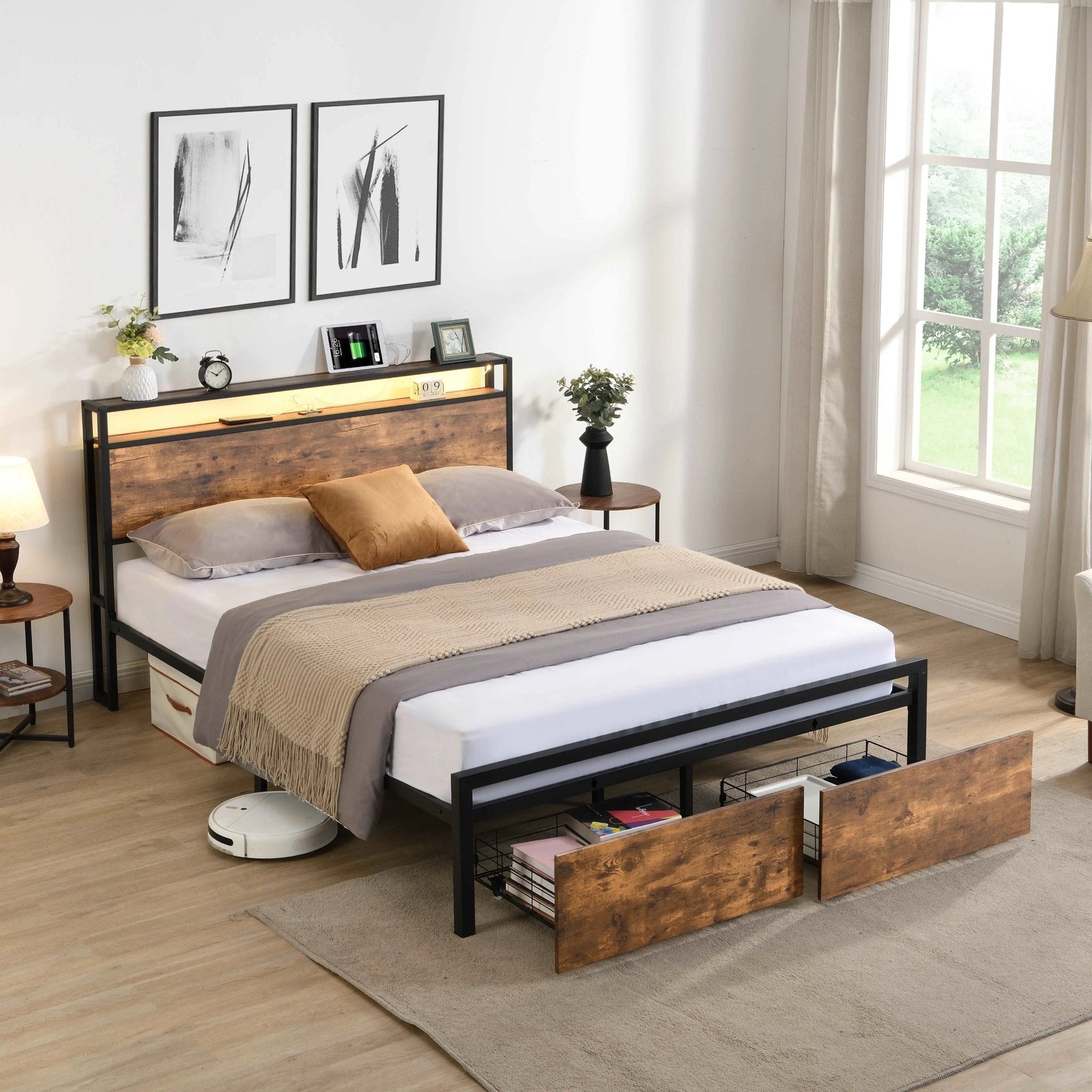 Bellemave® Metal Platform Bed with Storage Headboard and 2 Drawers, LED Lights with Charging Station - Bellemave