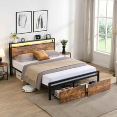 Bellemave® Metal Platform Bed with Storage Headboard and 2 Drawers, LED Lights with Charging Station - Bellemave