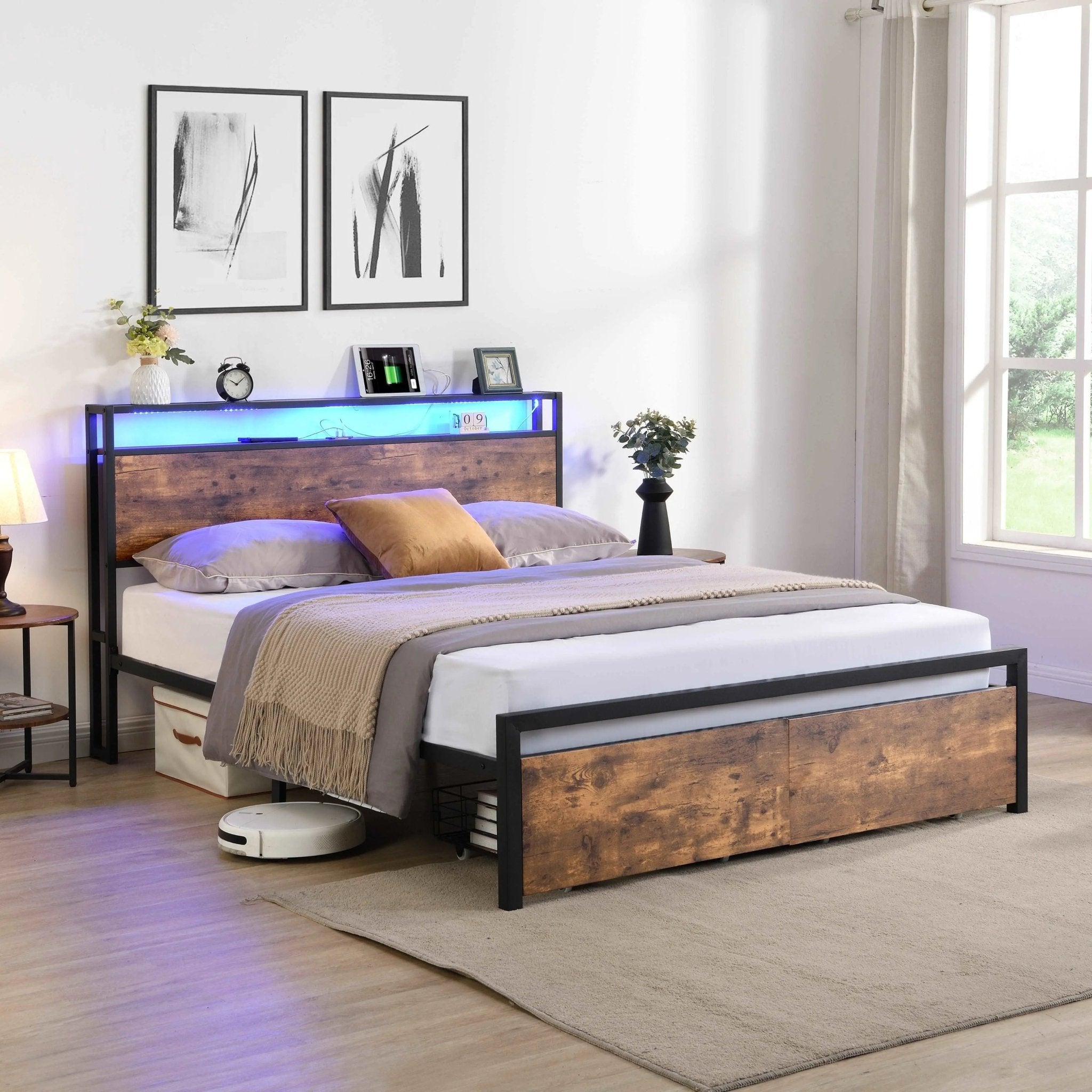 Bellemave® Metal Platform Bed with Storage Headboard and 2 Drawers, LED Lights with Charging Station - Bellemave