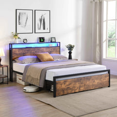 Bellemave® Metal Platform Bed with Storage Headboard and 2 Drawers, LED Lights with Charging Station - Bellemave