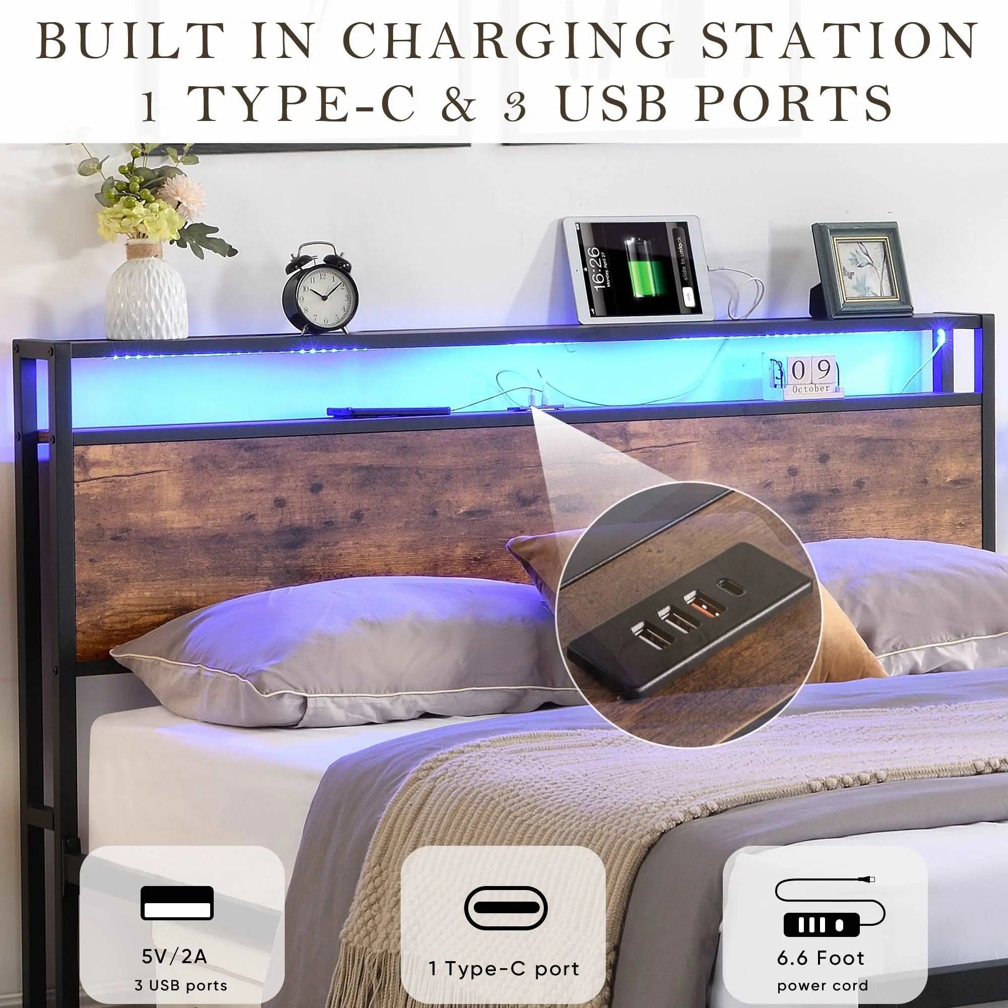 Bellemave® Metal Platform Bed with Storage Headboard and 2 Drawers, LED Lights with Charging Station - Bellemave