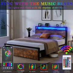 Bellemave® Metal Platform Bed with Storage Headboard and 2 Drawers, LED Lights with Charging Station - Bellemave