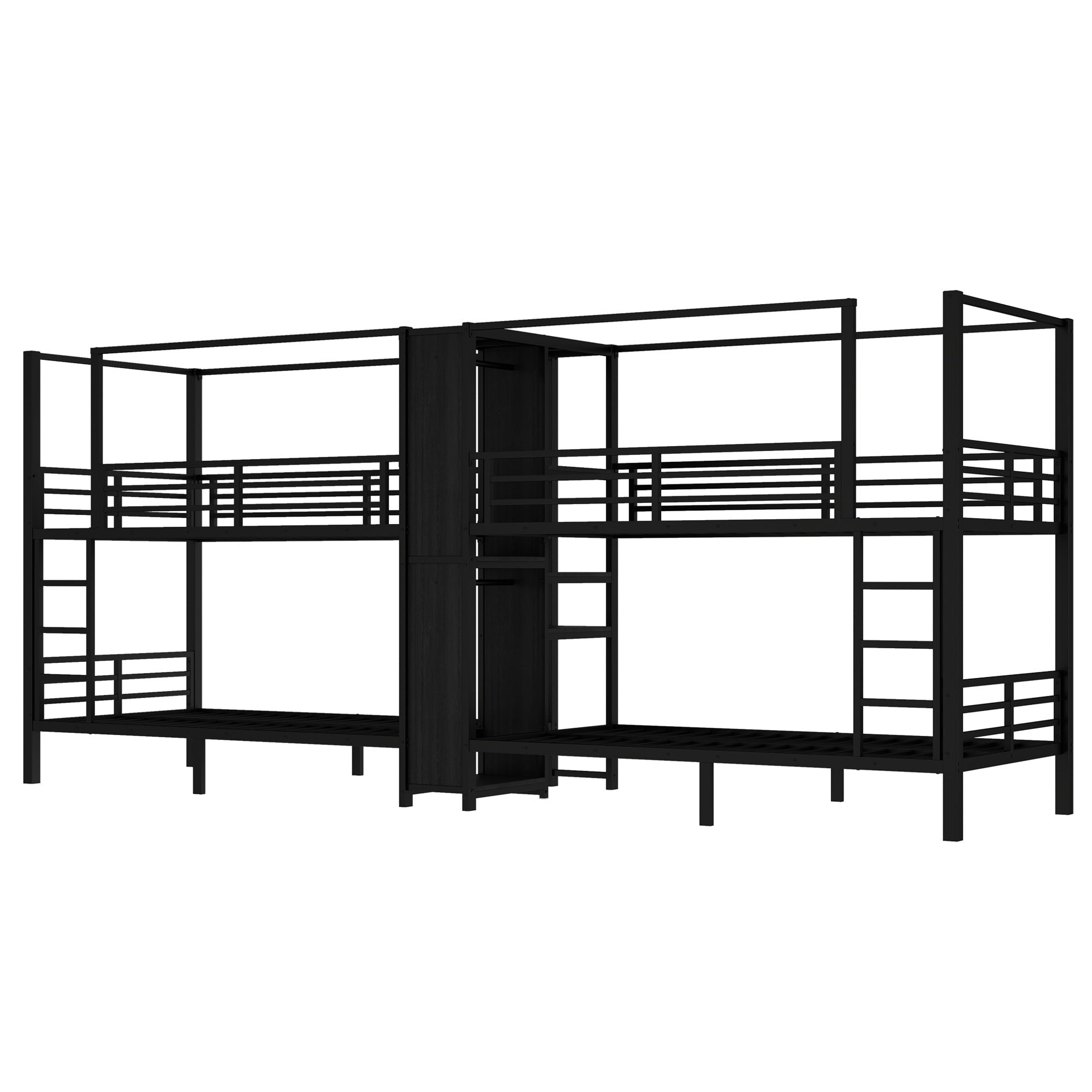 Bellemave® Metal Quad Bunk Bed with Wardrobe for 4,Full Size Quad Bunk Bed Frame with Storage Shelves for Kids Teens Adults,Black - Bellemave