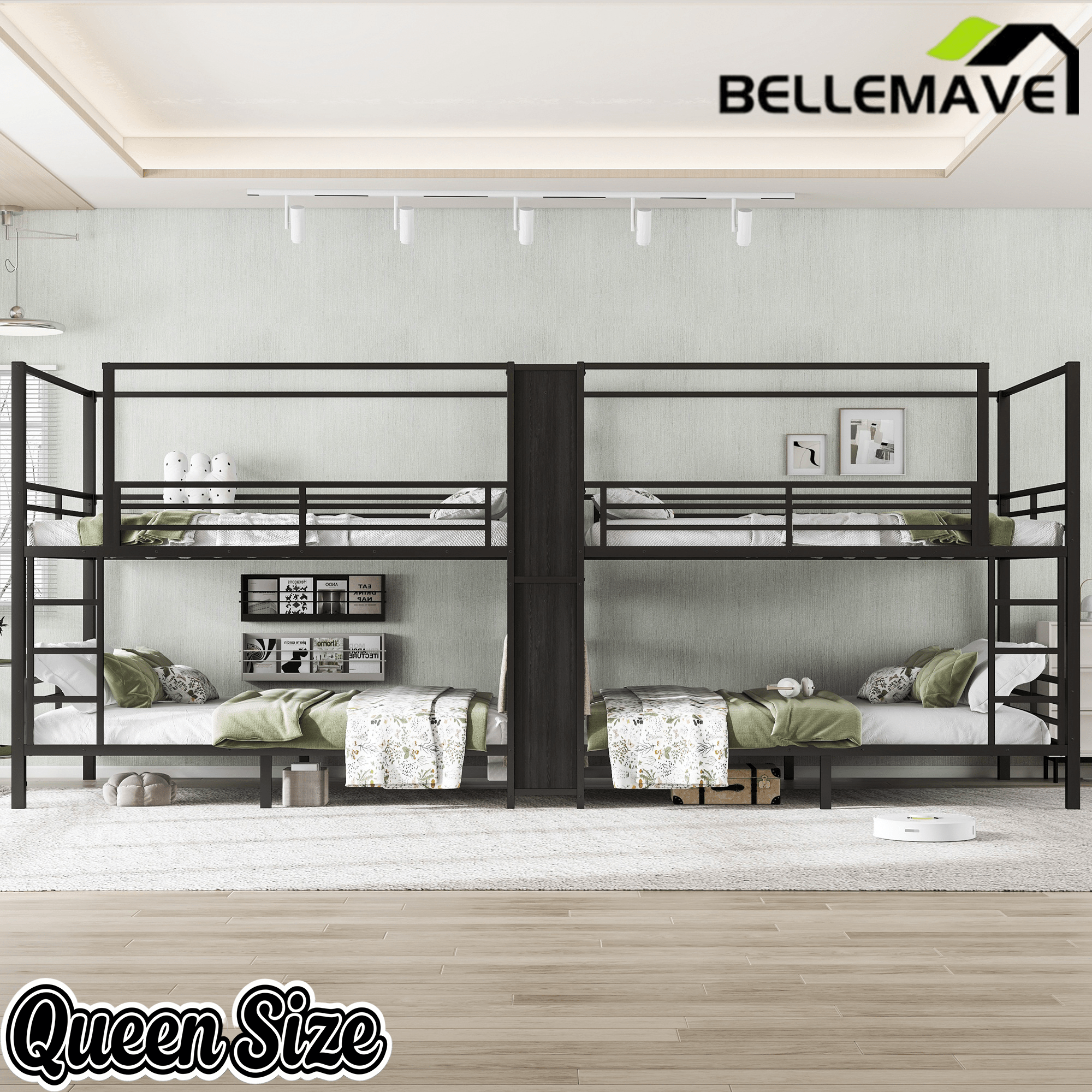 Bellemave® Metal Quad Bunk Bed with Wardrobe for 4,Full Size Quad Bunk Bed Frame with Storage Shelves for Kids Teens Adults,Black - Bellemave