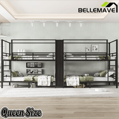 Bellemave® Metal Quad Bunk Bed with Wardrobe for 4,Full Size Quad Bunk Bed Frame with Storage Shelves for Kids Teens Adults,Black - Bellemave