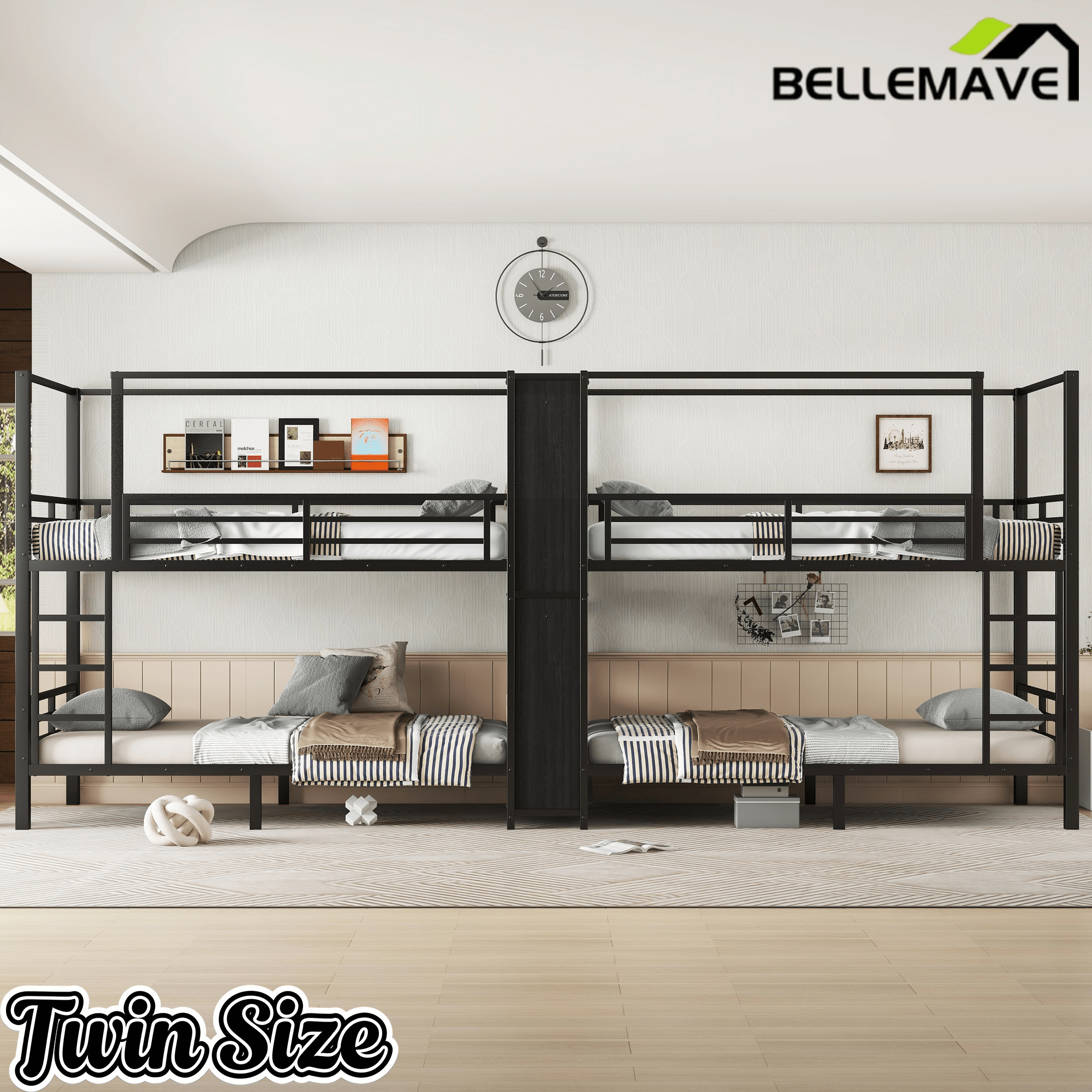Bellemave® Metal Quad Bunk Bed with Wardrobe for 4,Full Size Quad Bunk Bed Frame with Storage Shelves for Kids Teens Adults,Black - Bellemave