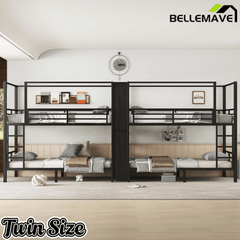 Bellemave® Metal Quad Bunk Bed with Wardrobe for 4,Full Size Quad Bunk Bed Frame with Storage Shelves for Kids Teens Adults,Black - Bellemave