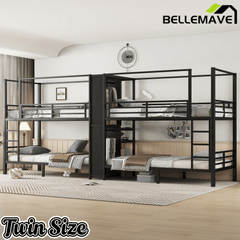 Bellemave® Metal Quad Bunk Bed with Wardrobe for 4,Full Size Quad Bunk Bed Frame with Storage Shelves for Kids Teens Adults,Black - Bellemave