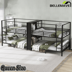 Bellemave® Metal Quad Bunk Bed with Wardrobe for 4,Full Size Quad Bunk Bed Frame with Storage Shelves for Kids Teens Adults,Black - Bellemave
