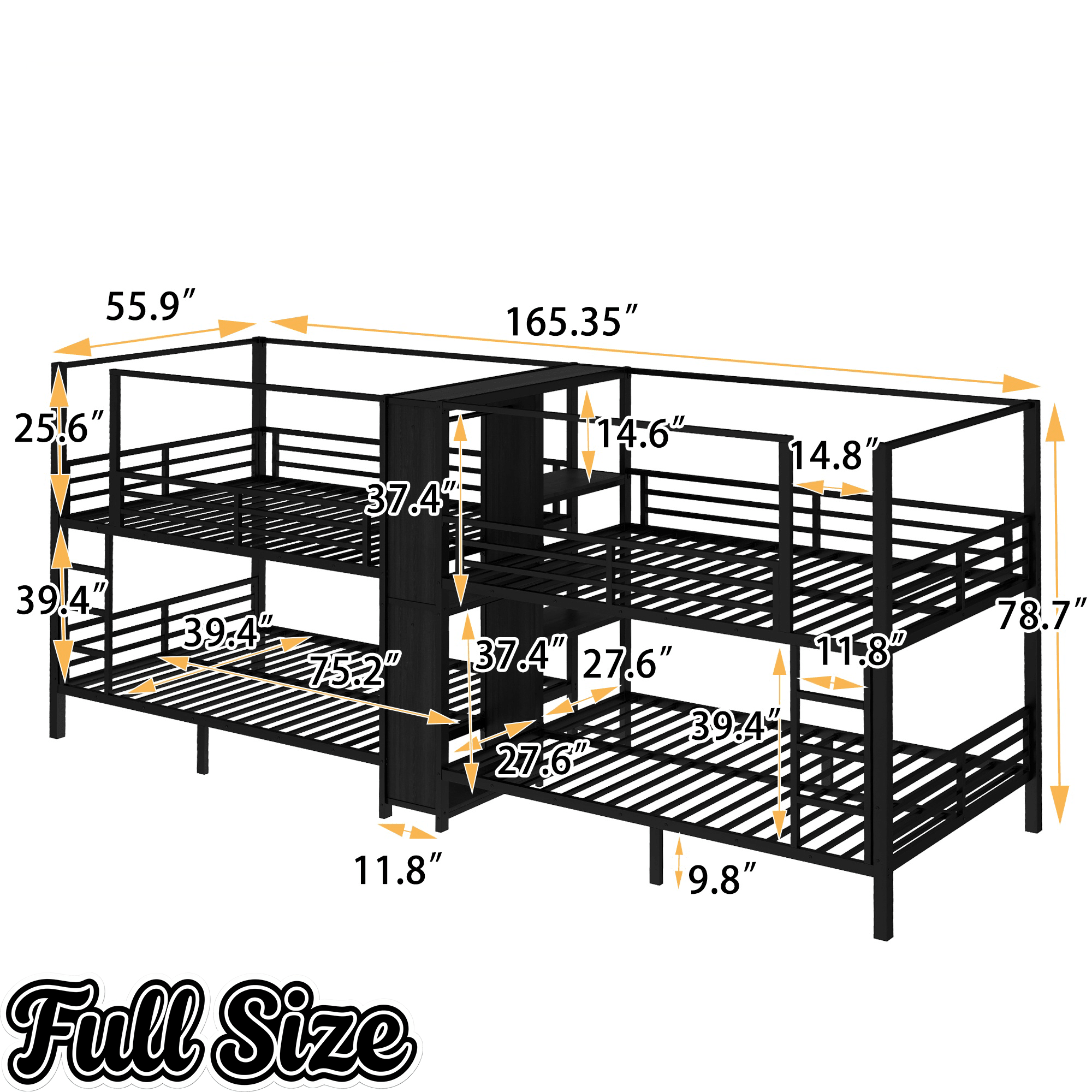 Bellemave® Metal Quad Bunk Bed with Wardrobe for 4,Full Size Quad Bunk Bed Frame with Storage Shelves for Kids Teens Adults,Black - Bellemave