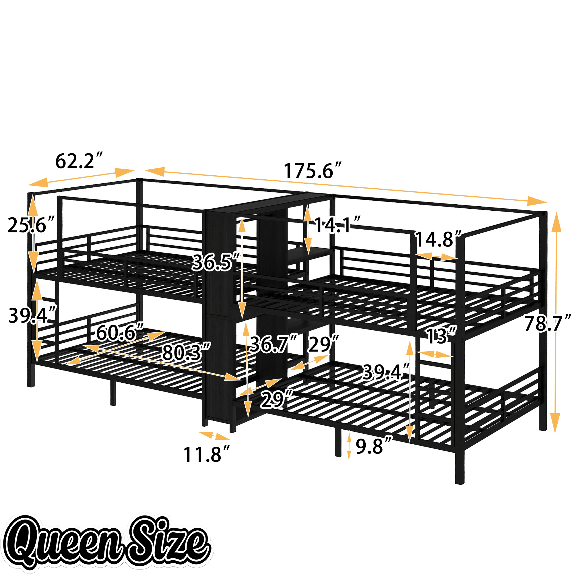 Bellemave® Metal Quad Bunk Bed with Wardrobe for 4,Full Size Quad Bunk Bed Frame with Storage Shelves for Kids Teens Adults,Black - Bellemave