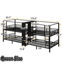 Bellemave® Metal Quad Bunk Bed with Wardrobe for 4,Full Size Quad Bunk Bed Frame with Storage Shelves for Kids Teens Adults,Black - Bellemave