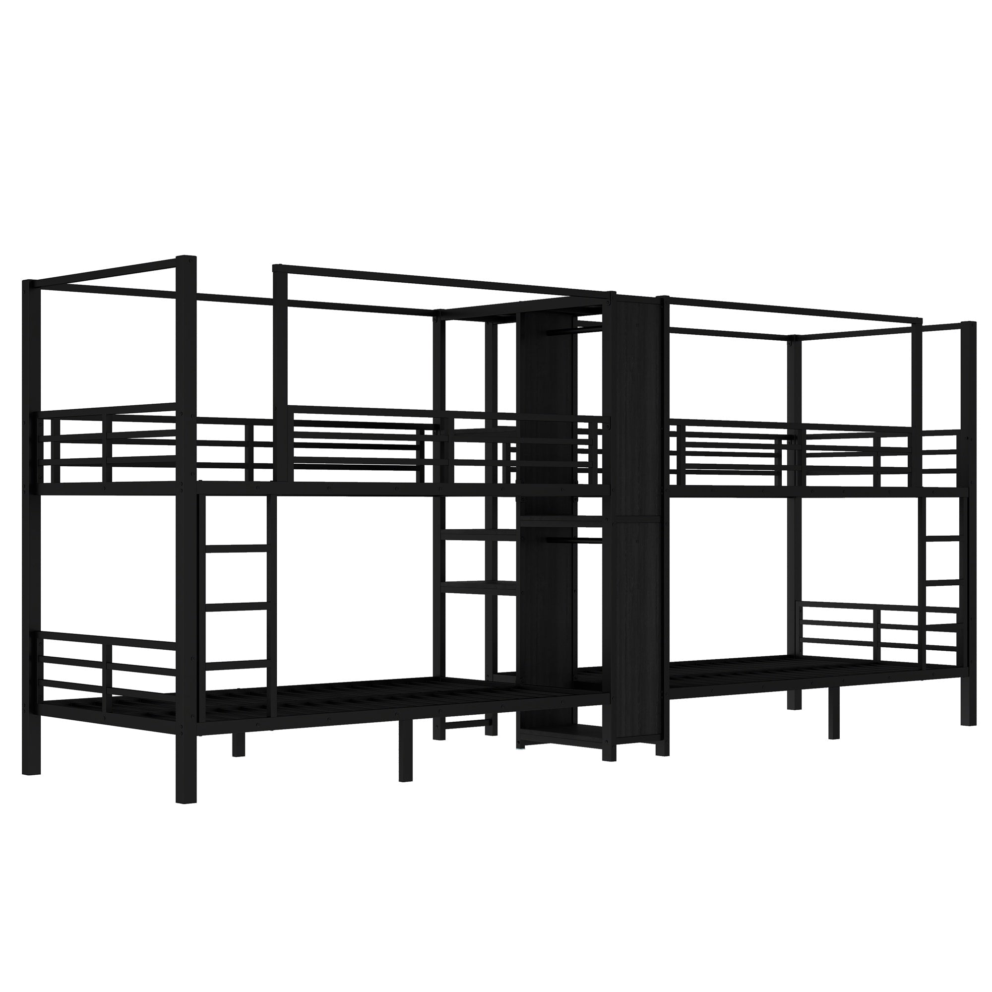 Bellemave® Metal Quad Bunk Bed with Wardrobe for 4,Full Size Quad Bunk Bed Frame with Storage Shelves for Kids Teens Adults,Black - Bellemave