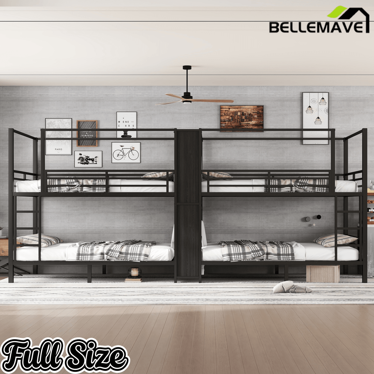Bellemave® Metal Quad Bunk Bed with Wardrobe for 4,Full Size Quad Bunk Bed Frame with Storage Shelves for Kids Teens Adults,Black - Bellemave