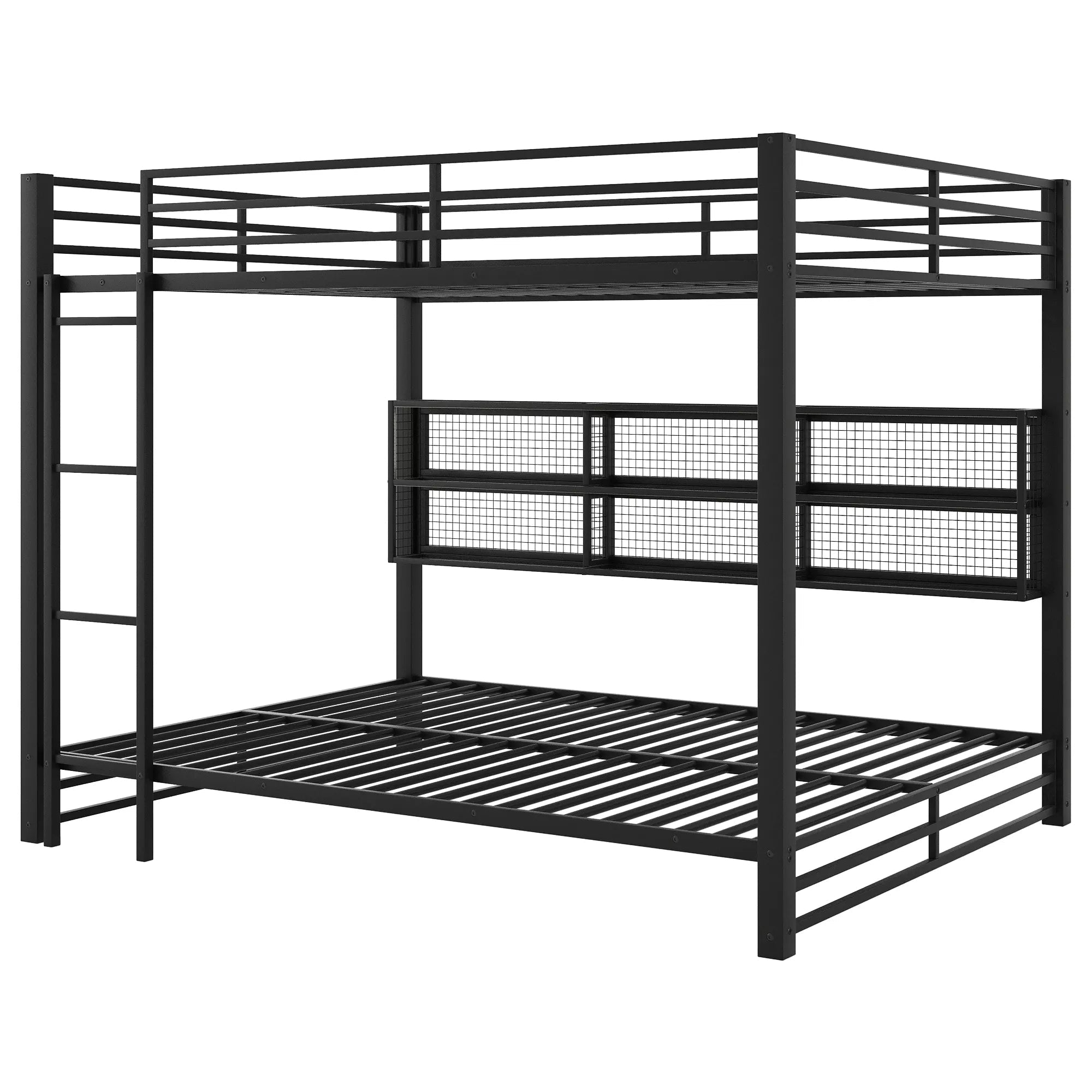 Bellemave® Metal Queen Over Queen Bunk Bed with Storage Cabinets, LED Lights & Safety Guardrails - Bellemave