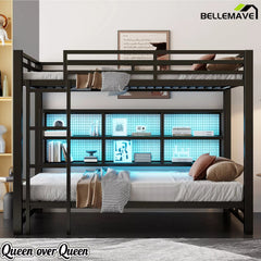 Bellemave® Metal Queen Over Queen Bunk Bed with Storage Cabinets, LED Lights & Safety Guardrails - Bellemave