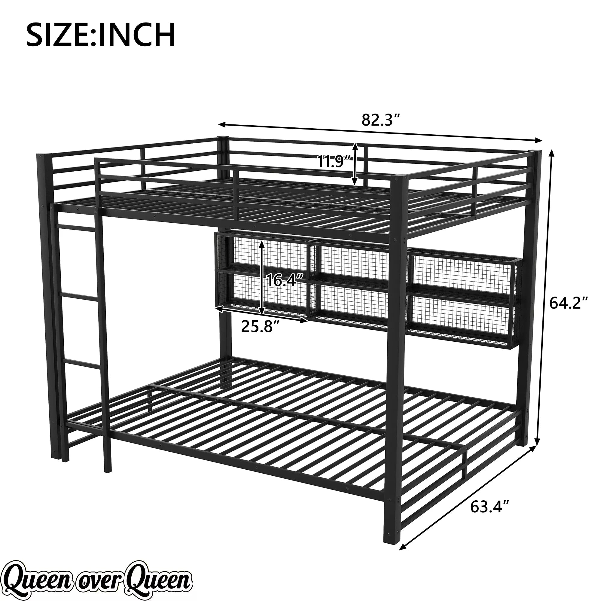 Bellemave® Metal Queen Over Queen Bunk Bed with Storage Cabinets, LED Lights & Safety Guardrails - Bellemave
