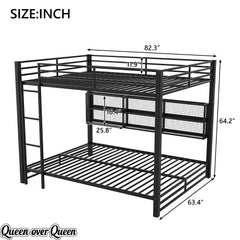 Bellemave® Metal Queen Over Queen Bunk Bed with Storage Cabinets, LED Lights & Safety Guardrails - Bellemave