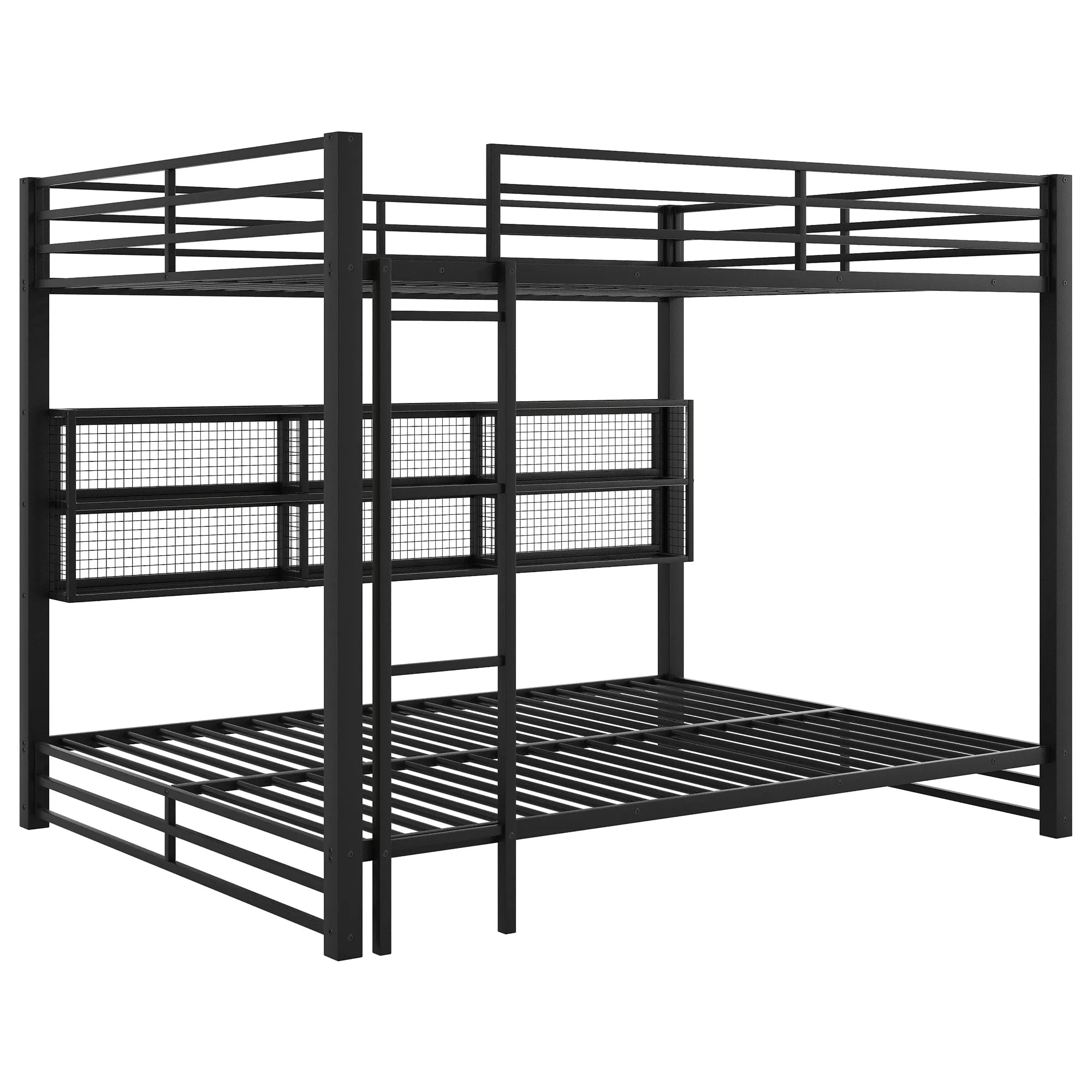Bellemave® Metal Queen Over Queen Bunk Bed with Storage Cabinets, LED Lights & Safety Guardrails - Bellemave