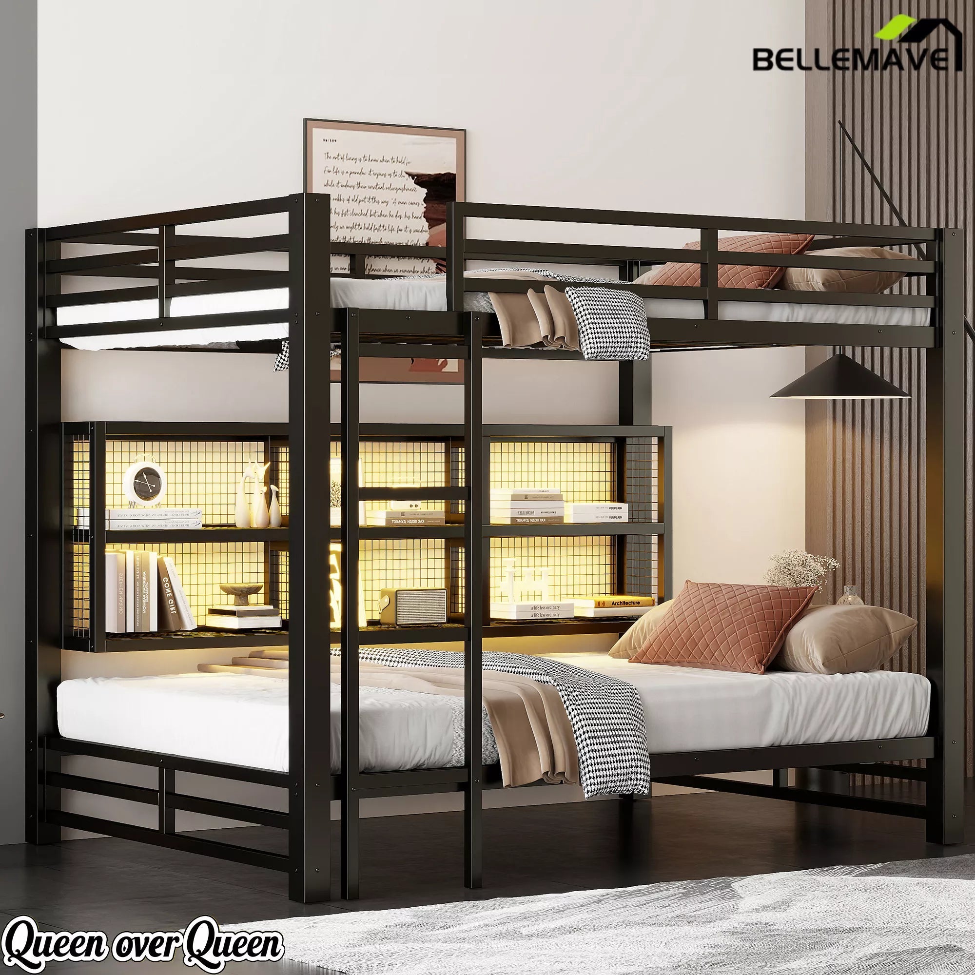 Bellemave® Metal Queen Over Queen Bunk Bed with Storage Cabinets, LED Lights & Safety Guardrails - Bellemave