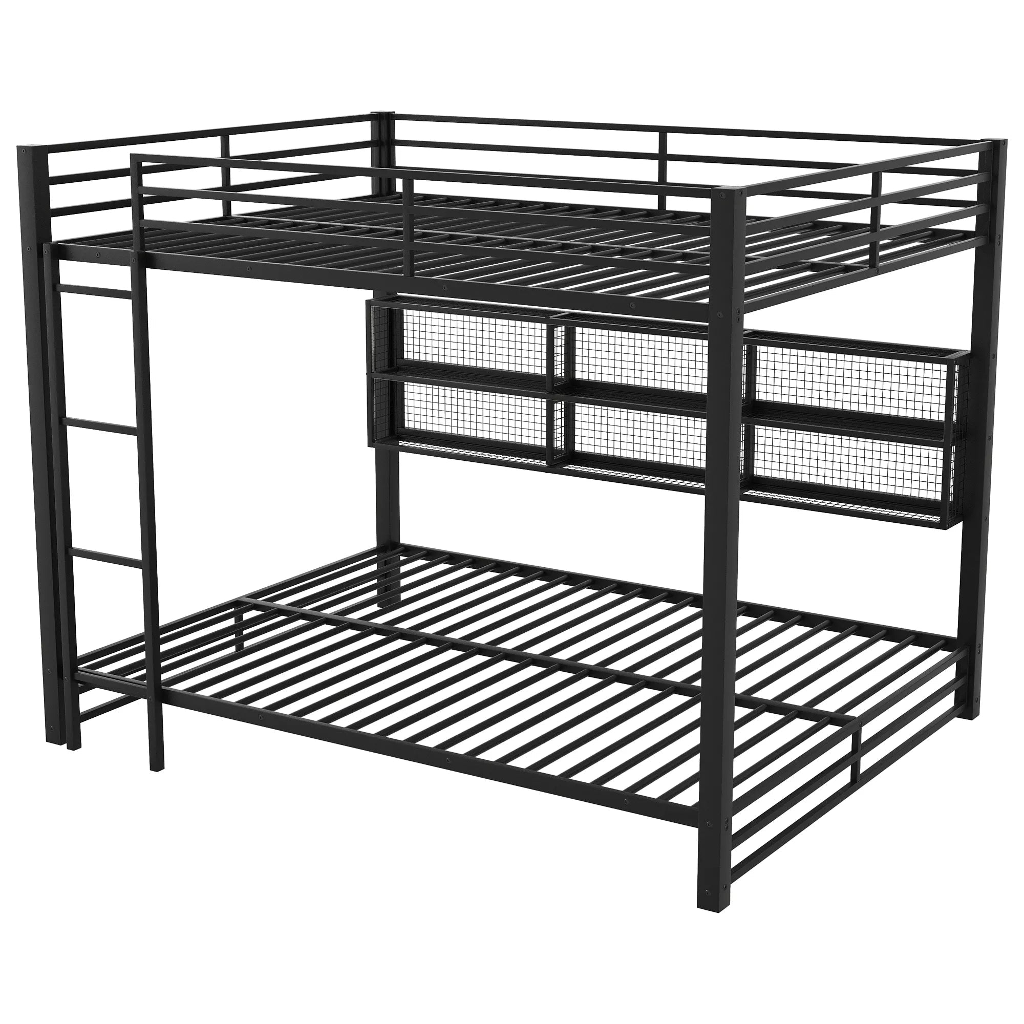 Bellemave® Metal Queen Over Queen Bunk Bed with Storage Cabinets, LED Lights & Safety Guardrails - Bellemave