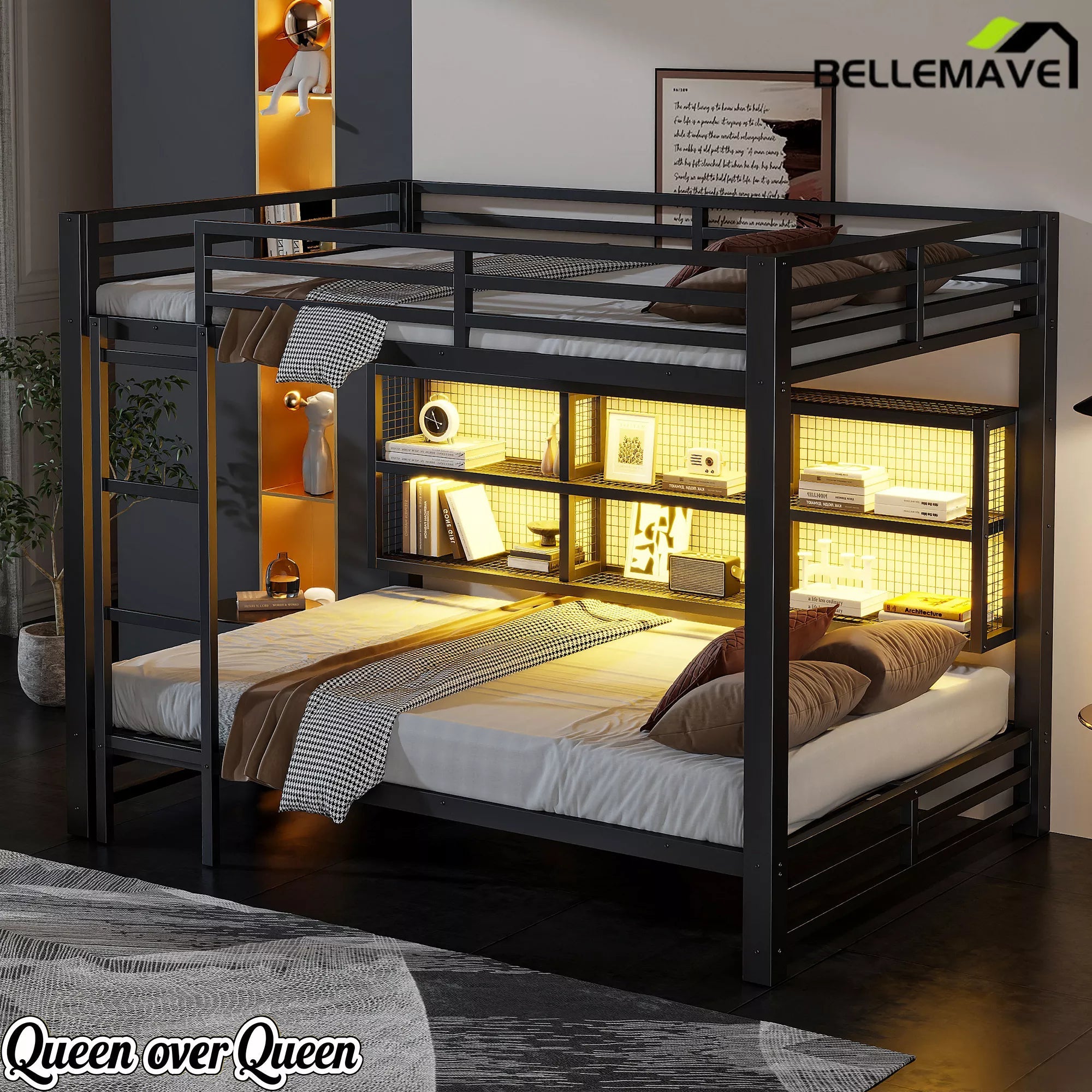 Bellemave® Metal Queen Over Queen Bunk Bed with Storage Cabinets, LED Lights & Safety Guardrails - Bellemave