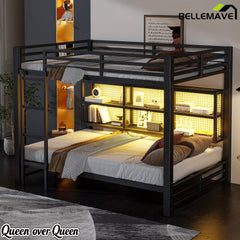 Bellemave® Metal Queen Over Queen Bunk Bed with Storage Cabinets, LED Lights & Safety Guardrails - Bellemave