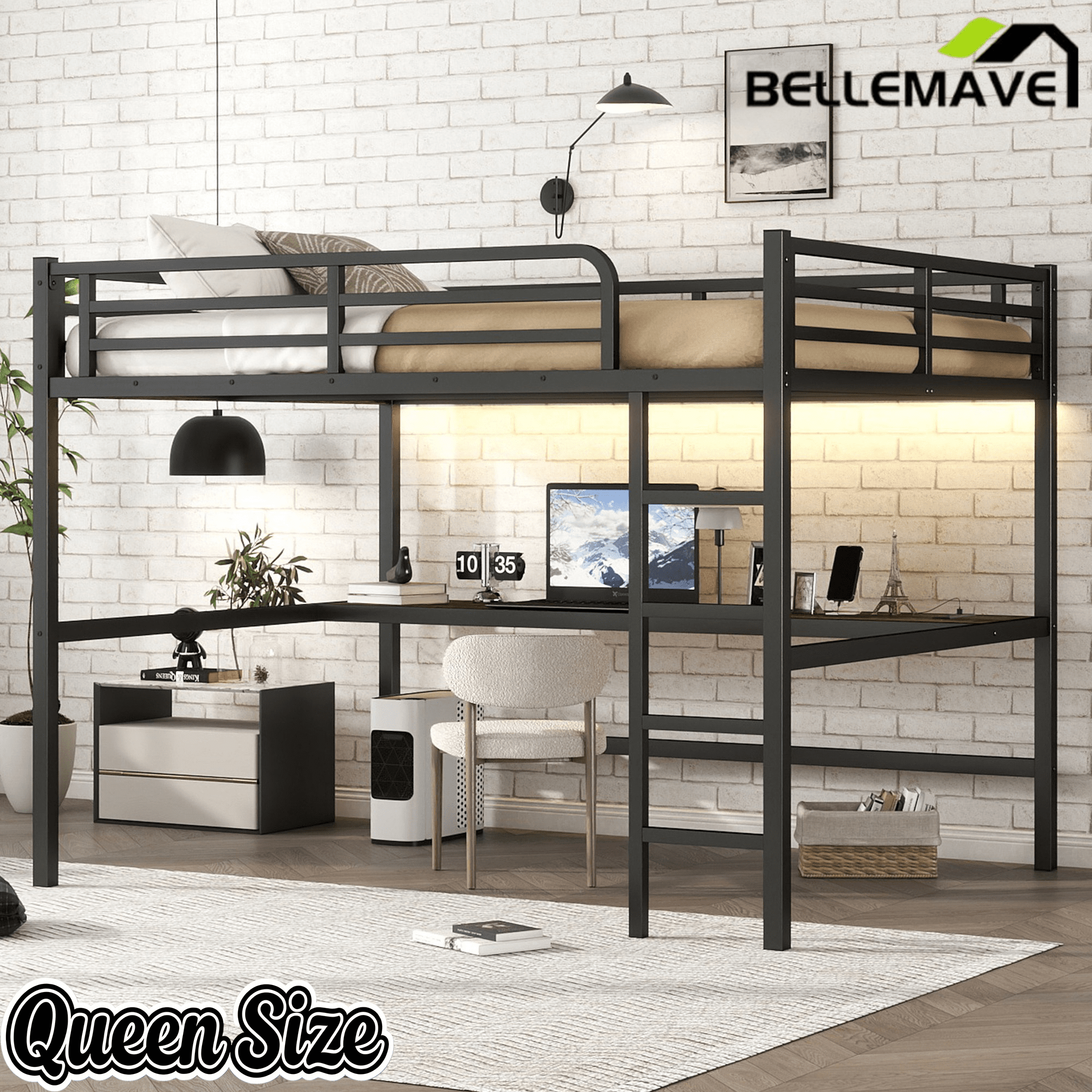 Bellemave® Metal Queen Size Loft Bed with Desk and Charging Station,Heavy Duty Loft Bed Frame Queen Size with LED Lights and USB ,Black Desk - Bellemave