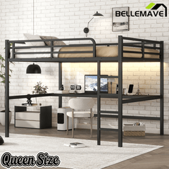 Bellemave® Metal Queen Size Loft Bed with Desk and Charging Station,Heavy Duty Loft Bed Frame Queen Size with LED Lights and USB ,Black Desk - Bellemave