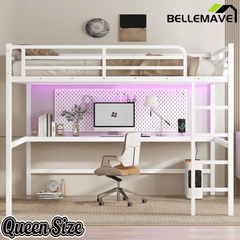 Bellemave® Metal Queen Size Loft Bed with Desk and Charging Station,Heavy Duty Loft Bed Frame Queen Size with LED Lights and USB ,Black Desk - Bellemave