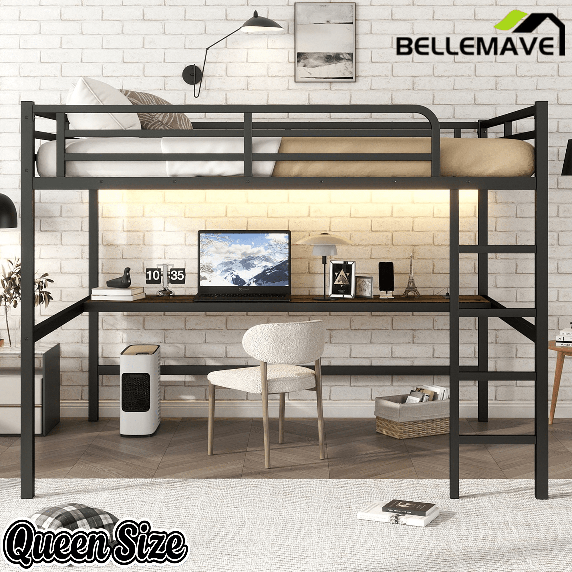 Bellemave® Metal Queen Size Loft Bed with Desk and Charging Station,Heavy Duty Loft Bed Frame Queen Size with LED Lights and USB ,Black Desk - Bellemave