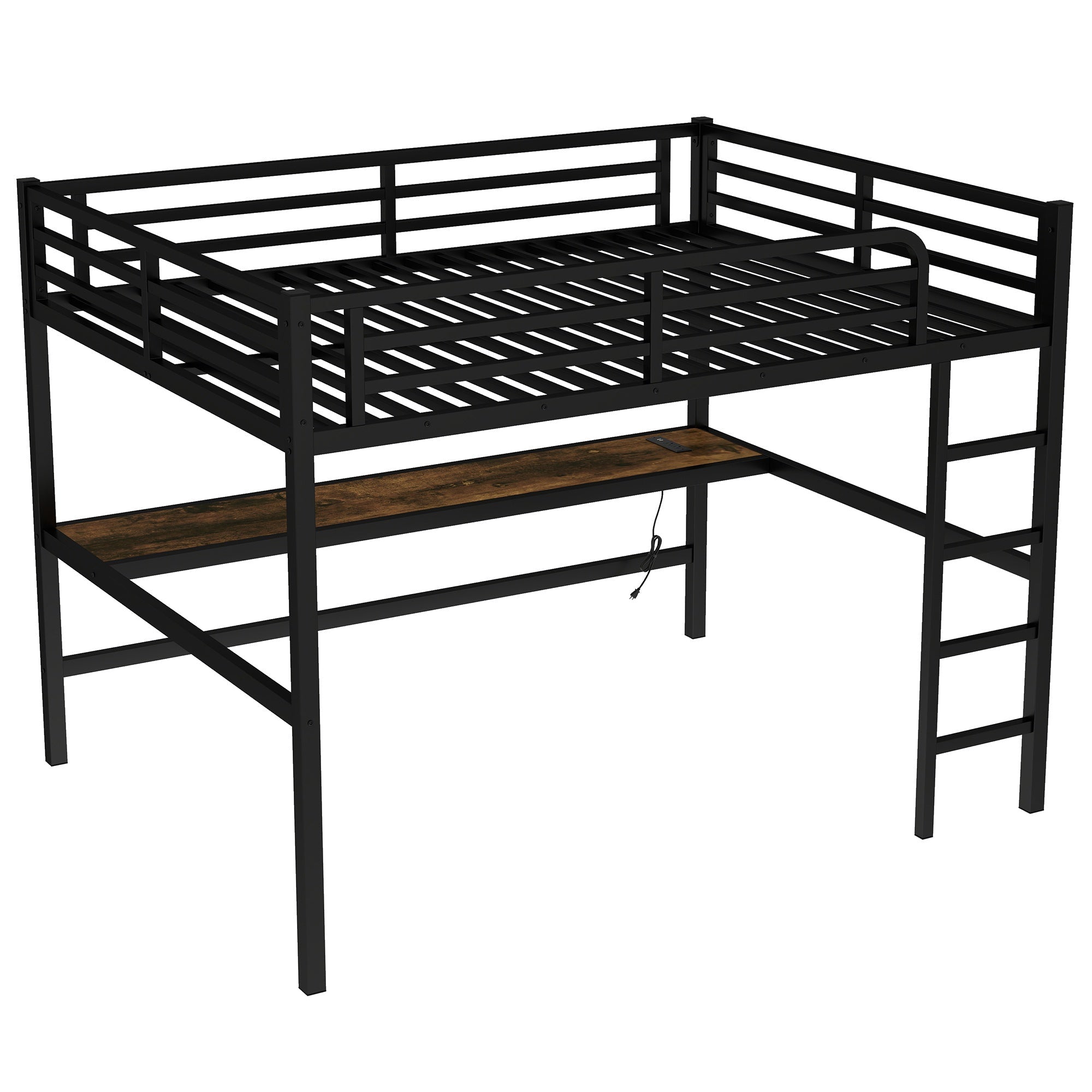 Bellemave® Metal Queen Size Loft Bed with Desk and Charging Station,Heavy Duty Loft Bed Frame Queen Size with LED Lights and USB ,Black Desk - Bellemave